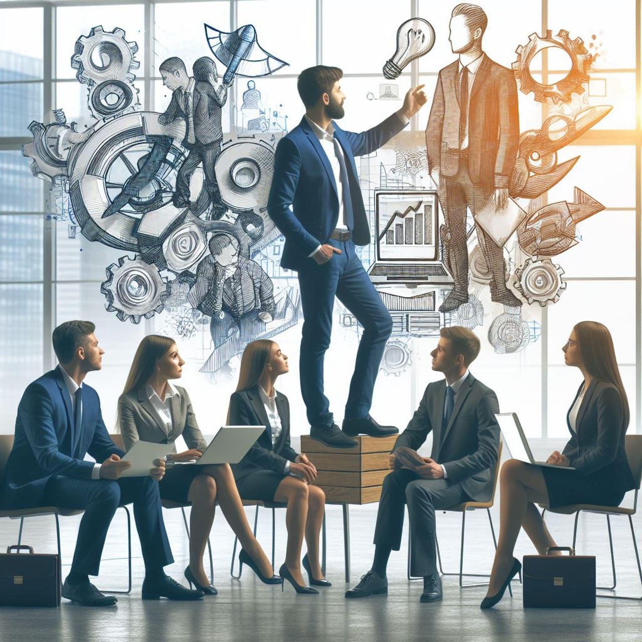 business people sitting, one is standing on a chair pointing to an upper part of the diagram.