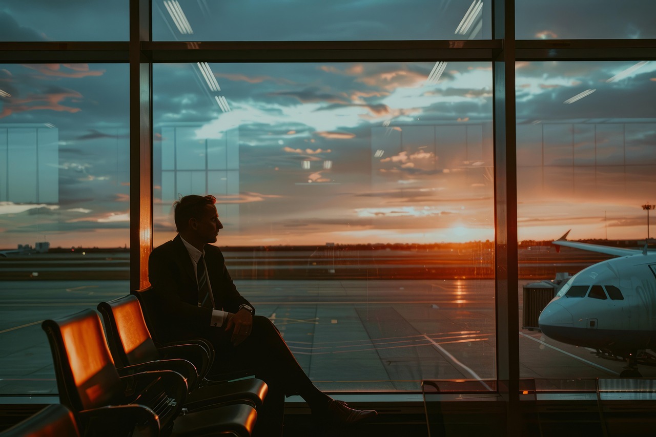 Image of a man sitting in an airport terminal at sunrise.